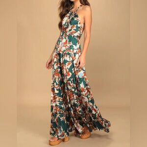 Green Floral Print Tie-Back Tiered Maxi Dress